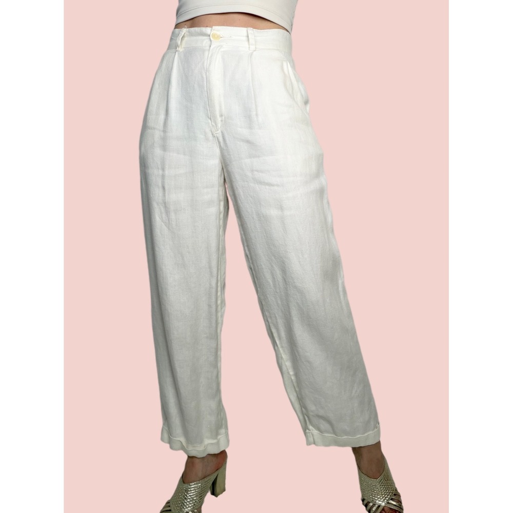GAP Vintage Y2K 100% Linen Pants High Waisted Pleated Cuffed Ankle Ivory White S